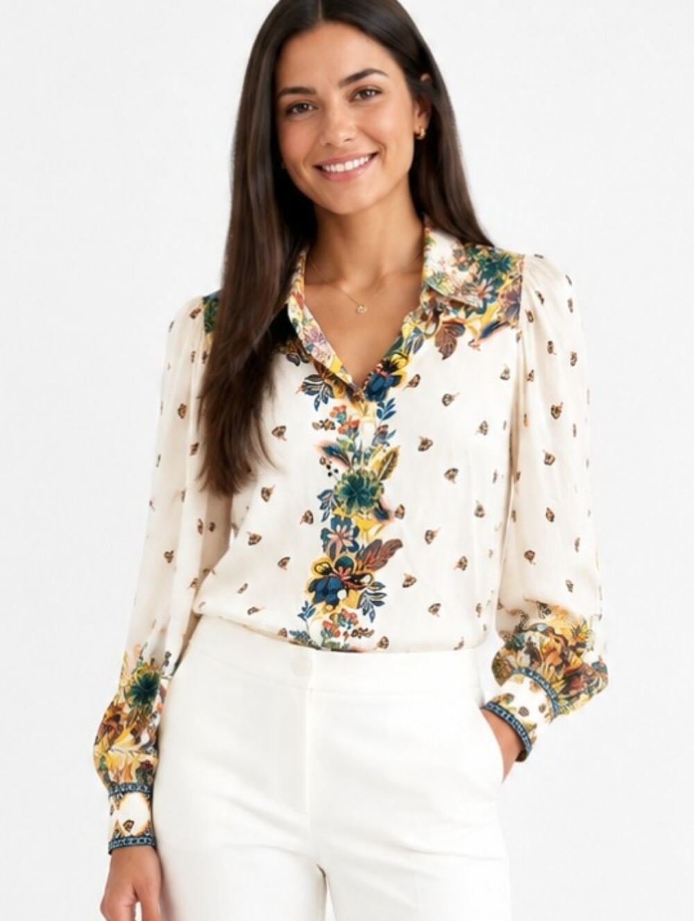 Hale Bob Silk Blend Floral Button Down Blouse